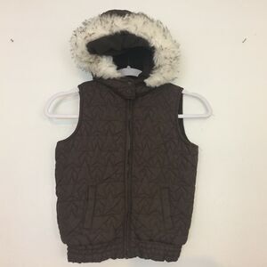 (JL) Y2K Gymboree Girl Vest Size M (7/8) Faux Fur Trim Jacket Quilt Brown Hoodie